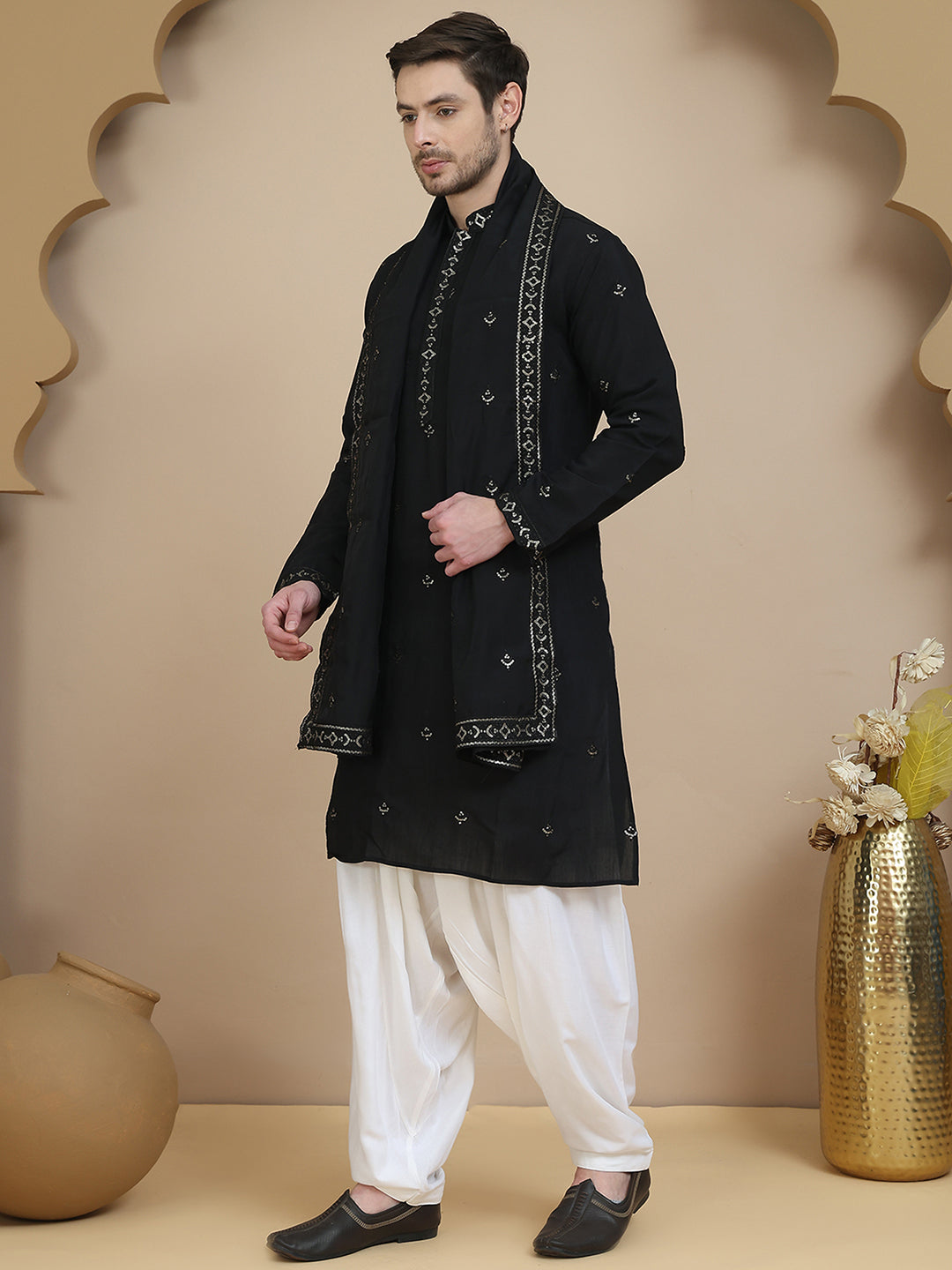 Embroidered Kurta Salwar and Dupatta Set for Men ( JOKP SP-W D 5088 Black )