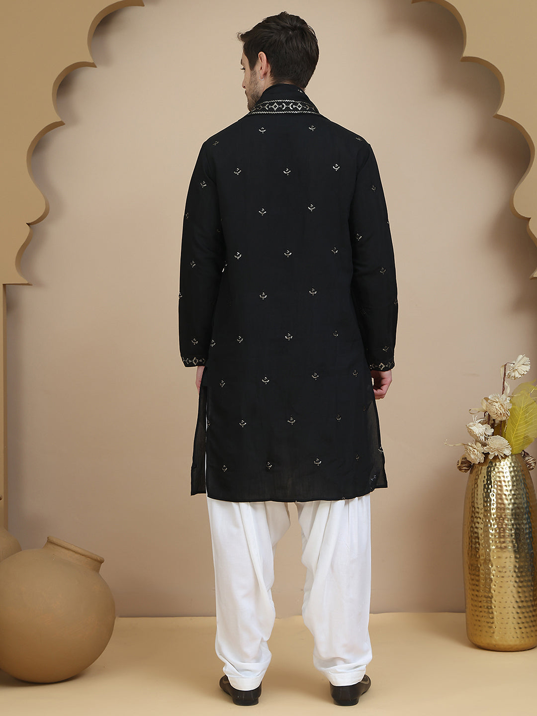 Embroidered Kurta Salwar and Dupatta Set for Men ( JOKP SP-W D 5088 Black )