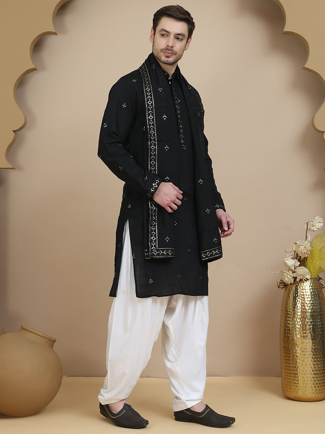 Embroidered Kurta Salwar and Dupatta Set for Men ( JOKP SP-W D 5088 Black )