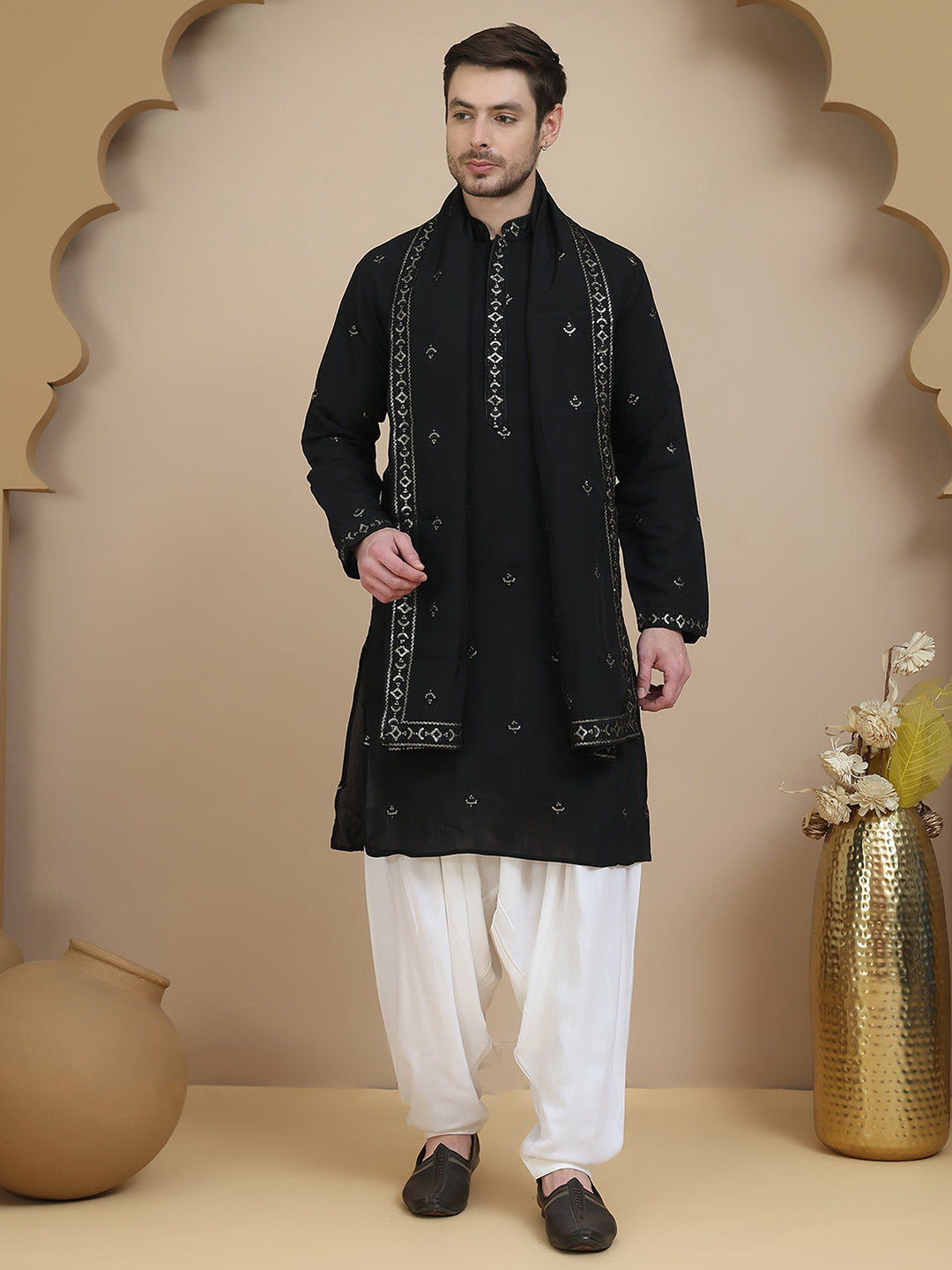 Embroidered Kurta Salwar and Dupatta Set for Men ( JOKP SP-W D 5088 Black )