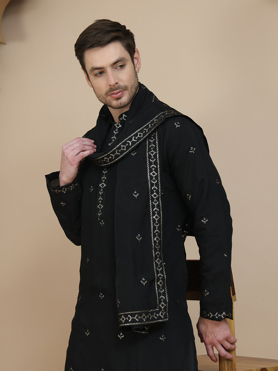 Embroidered Kurta Salwar and Dupatta Set for Men ( JOKP SP-W D 5088 Black )