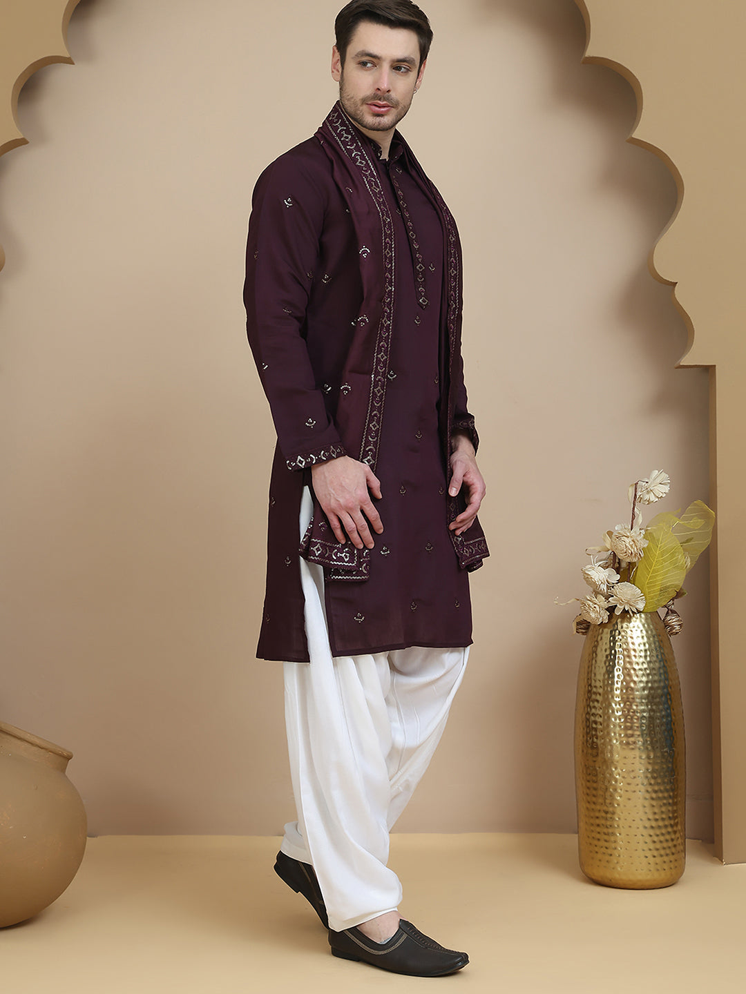 Embroidered Kurta Salwar and Dupatta Set for Men ( JOKP SP-W D 5088 Purple )