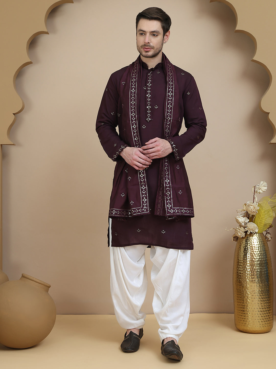 Embroidered Kurta Salwar and Dupatta Set for Men ( JOKP SP-W D 5088 Purple )