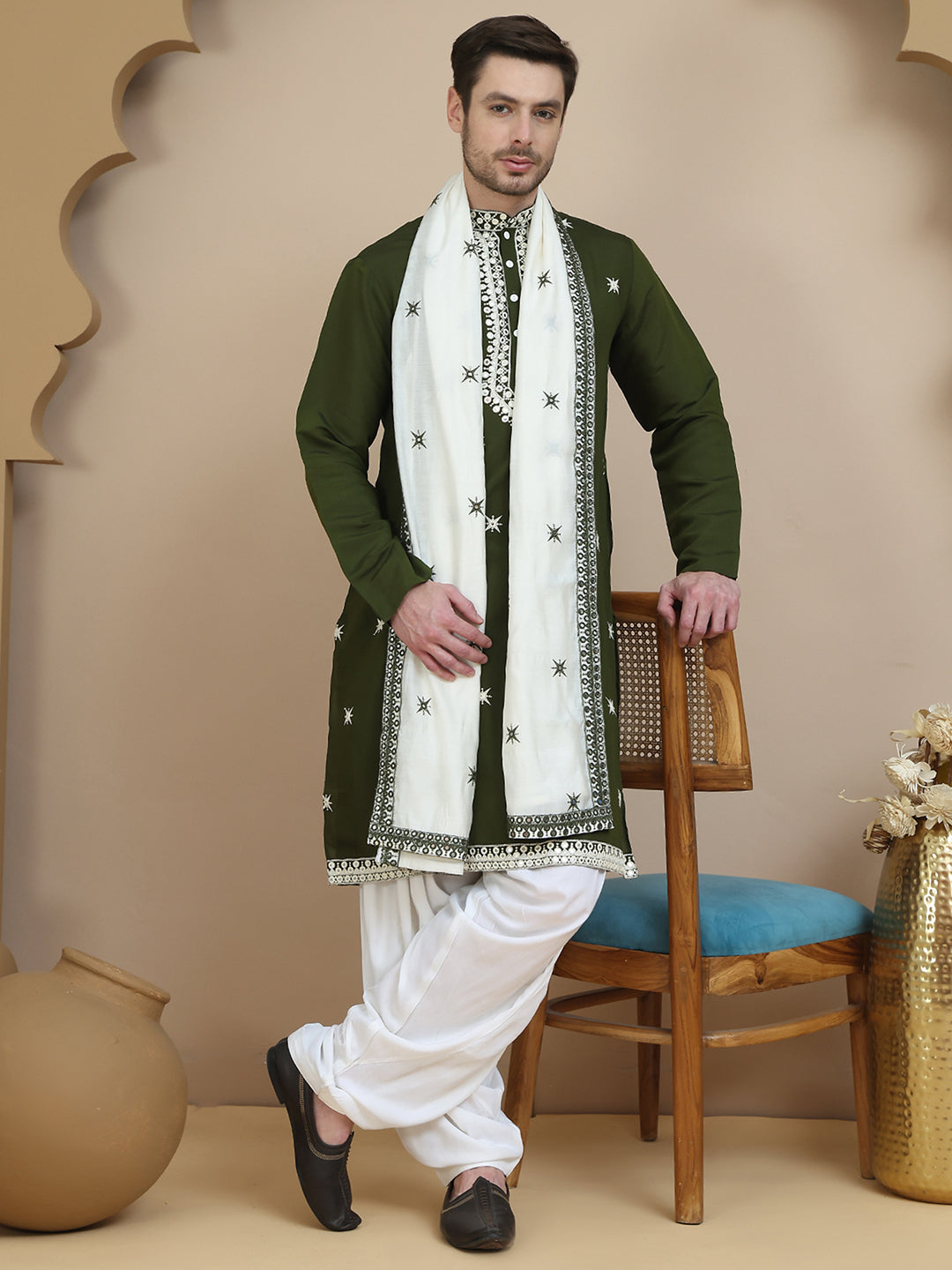 Embroidered Silk Blend Kurta Dupatta Set for Men ( KOD 5077 olive )