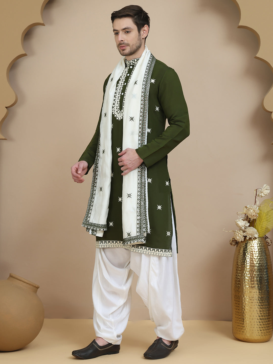 Embroidered Silk Blend Kurta Dupatta Set for Men ( KOD 5077 olive )