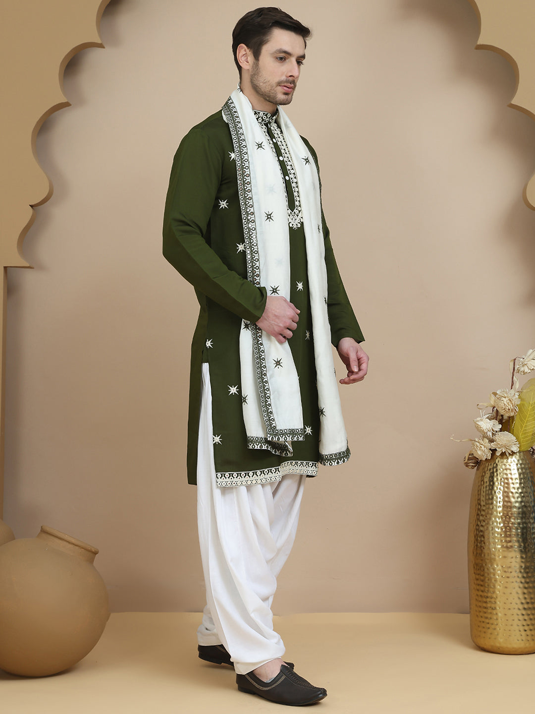 Embroidered Silk Blend Kurta Dupatta Set for Men ( KOD 5077 olive )
