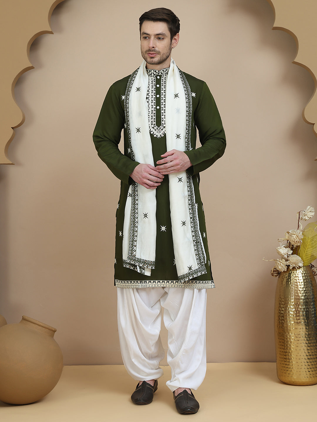 Embroidered Silk Blend Kurta Dupatta Set for Men ( KOD 5077 olive )