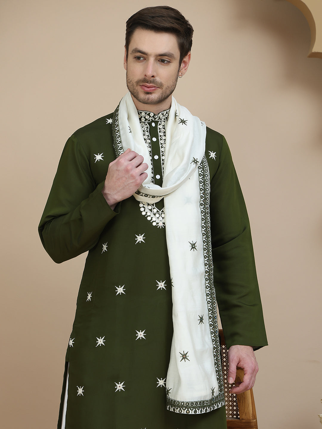 Embroidered Silk Blend Kurta Dupatta Set for Men ( KOD 5077 olive )