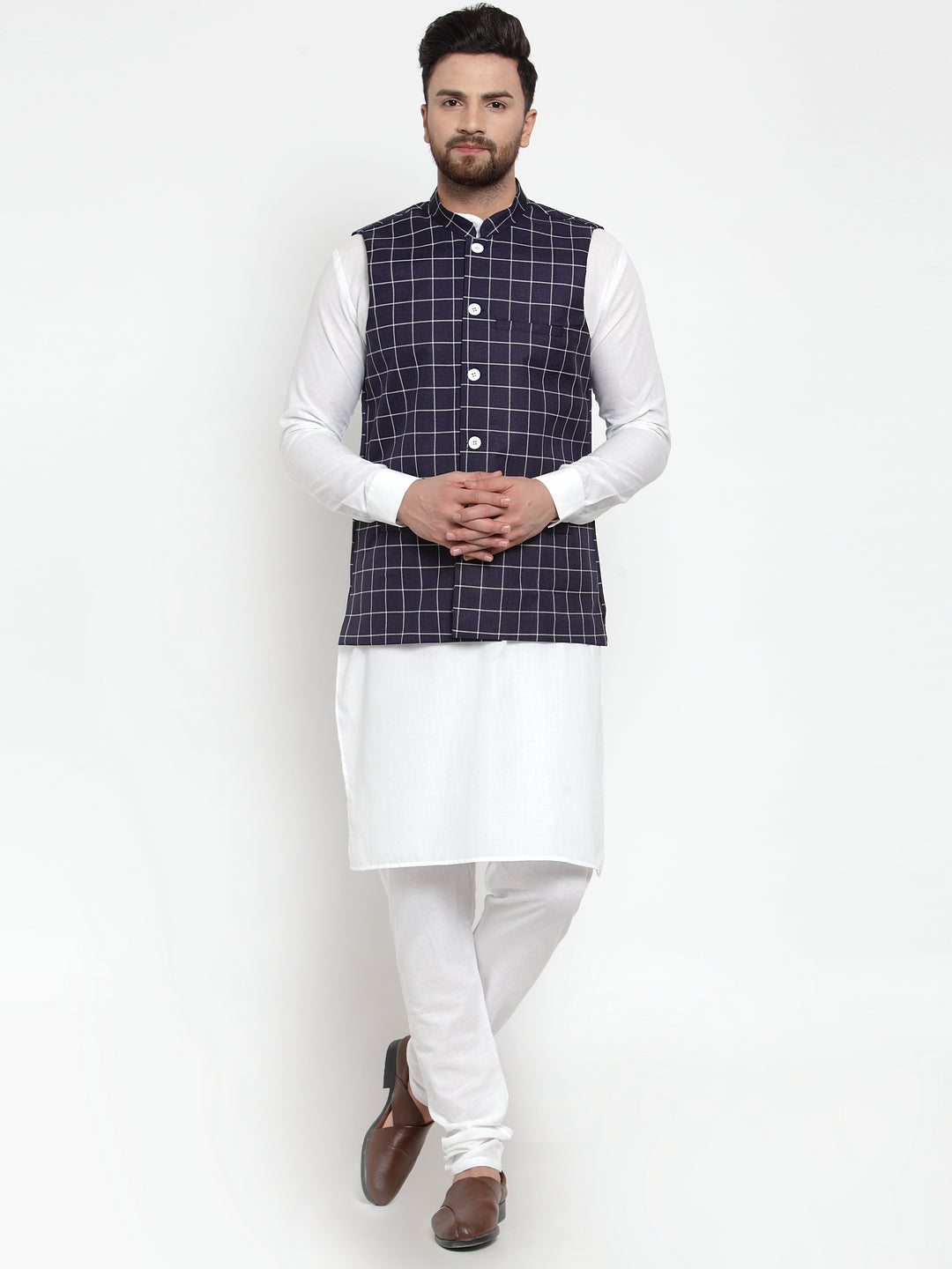 Jompers Men's Solid Kurta Pajama with Checked Waistcoat ( JOKP WC 4053 Navy )