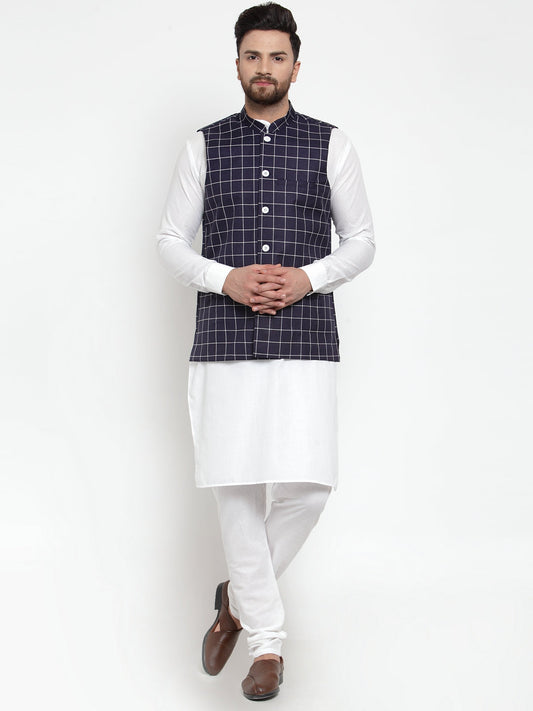 Jompers Men's Solid Kurta Pajama with Checked Waistcoat ( JOKP WC 4053 Navy )