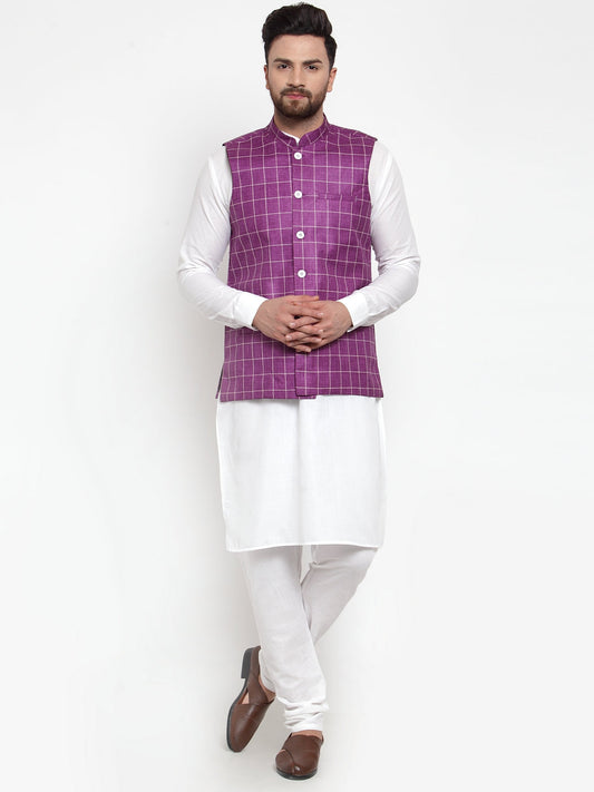 Jompers Men's Solid Kurta Pajama with Checked Waistcoat ( JOKP WC 4053 Purple )