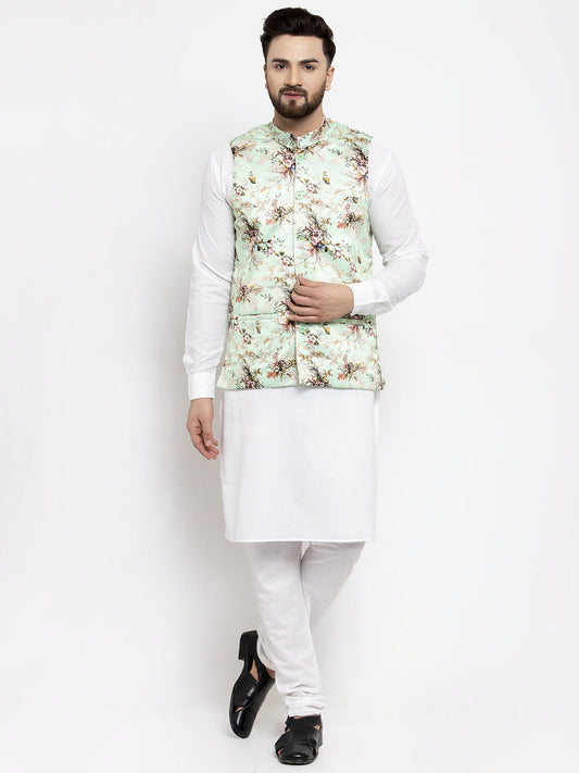Jompers Men's Solid Cotton Kurta Pajama with Printed Waistcoat ( JOKP WC 4058 Lime-W )