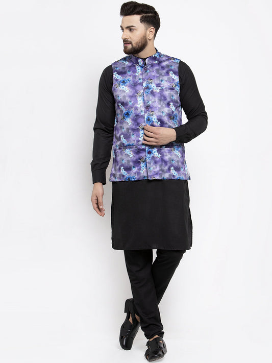 Jompers Men's Solid Cotton Kurta Pajama with Printed Waistcoat ( JOKP WC 4059 Voilet-B )