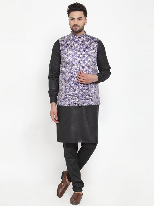 Jompers Men's Solid Cotton Kurta Pajama with Printed Waistcoat ( JOKP WC 4061 Purple-B )