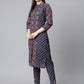 Women Blue & Maroon Printed Regular Pure Cotton Kurta with Trousers & With Dupatta ( JOKS D26R 1410 Blue )