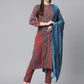 Women  Maroon & Blue Printed Regular Pure Cotton Kurta with Trousers & With Dupatta ( JOKS D26B 1410 Maroon )