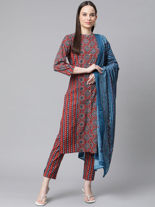 Women  Maroon & Blue Printed Regular Pure Cotton Kurta with Trousers & With Dupatta ( JOKS D26B 1410 Maroon )