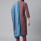 Women  Maroon & Blue Printed Regular Pure Cotton Kurta with Trousers & With Dupatta ( JOKS D26B 1410 Maroon )