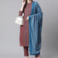 Women  Maroon & Blue Printed Regular Pure Cotton Kurta with Trousers & With Dupatta ( JOKS D26B 1410 Maroon )