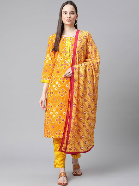 Women Yellow & Pink Ethnic Motifs Printed Pure Cotton Kurta With Trousers & Dupatta ( JOKS D27Y 1411 Yellow )