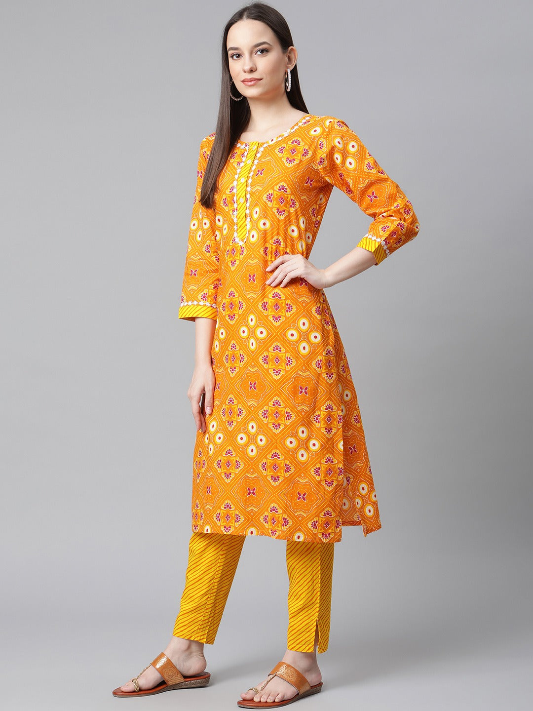 Women Yellow & Pink Ethnic Motifs Printed Pure Cotton Kurta With Trousers & Dupatta ( JOKS D27Y 1411 Yellow )