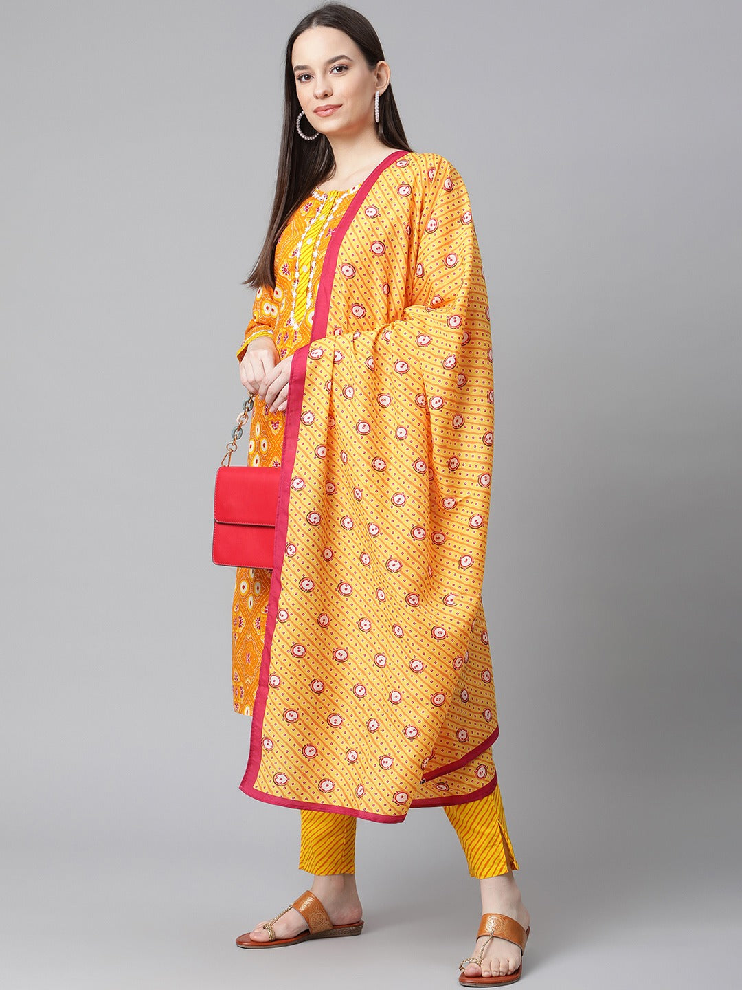 Women Yellow & Pink Ethnic Motifs Printed Pure Cotton Kurta With Trousers & Dupatta ( JOKS D27Y 1411 Yellow )