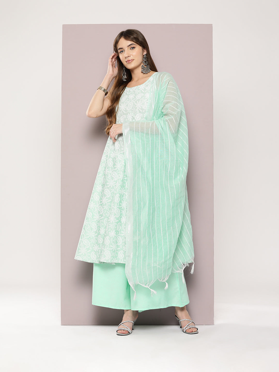 Printed flared kurta pallazos dupatta set