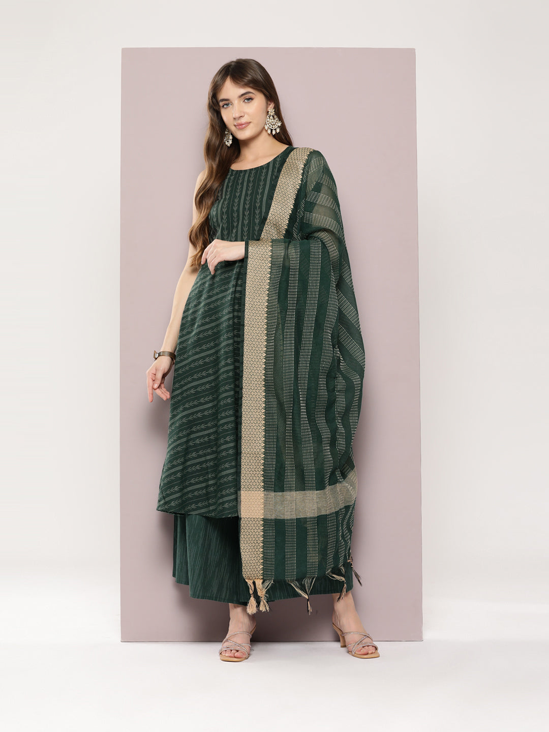 Jacquard flared kurta pallazos dupatta set