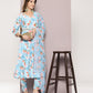 Mirror work detailing, linen printed flared kurta with trousers and dupatta