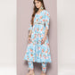 Mirror work detailing, linen printed flared kurta with trousers and dupatta