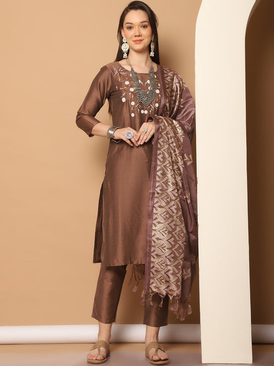 Embroidered Kurta,Printed Dupatta and Trouser Set