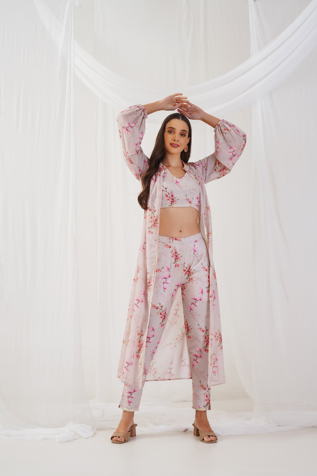 Cream Floral Printed Crop Top with Trousers & Shrug ( JOKS S 1540 Cream )