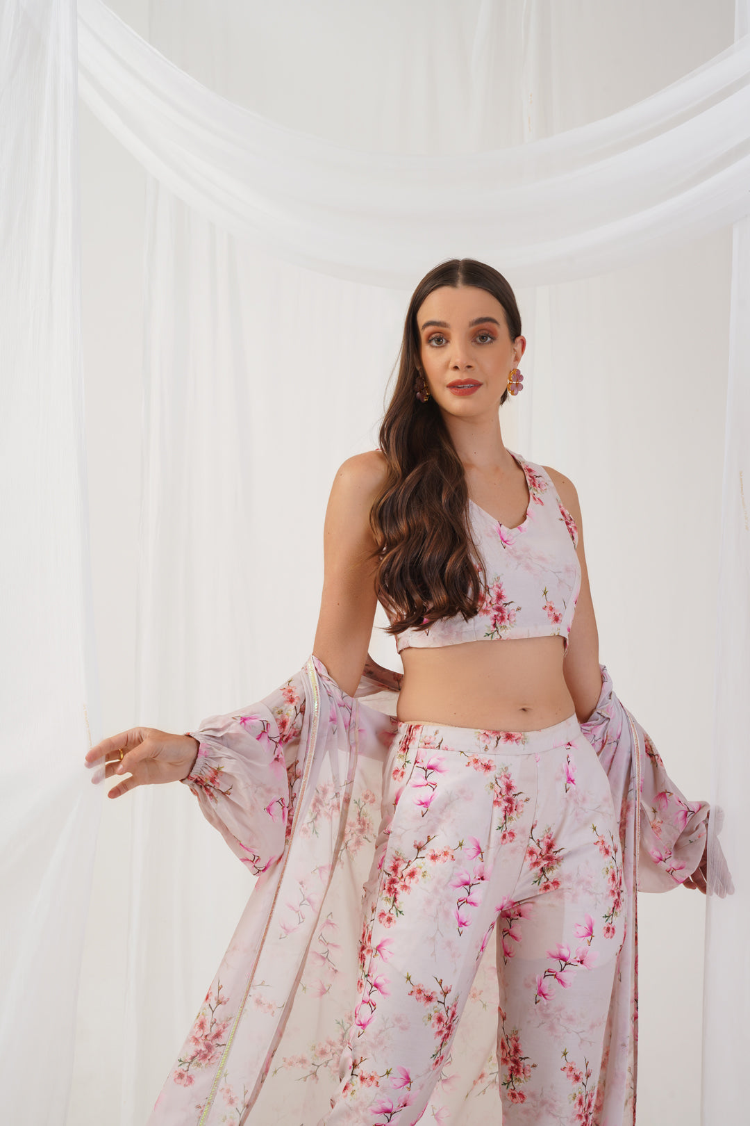 Cream Floral Printed Crop Top with Trousers & Shrug ( JOKS S 1540 Cream )