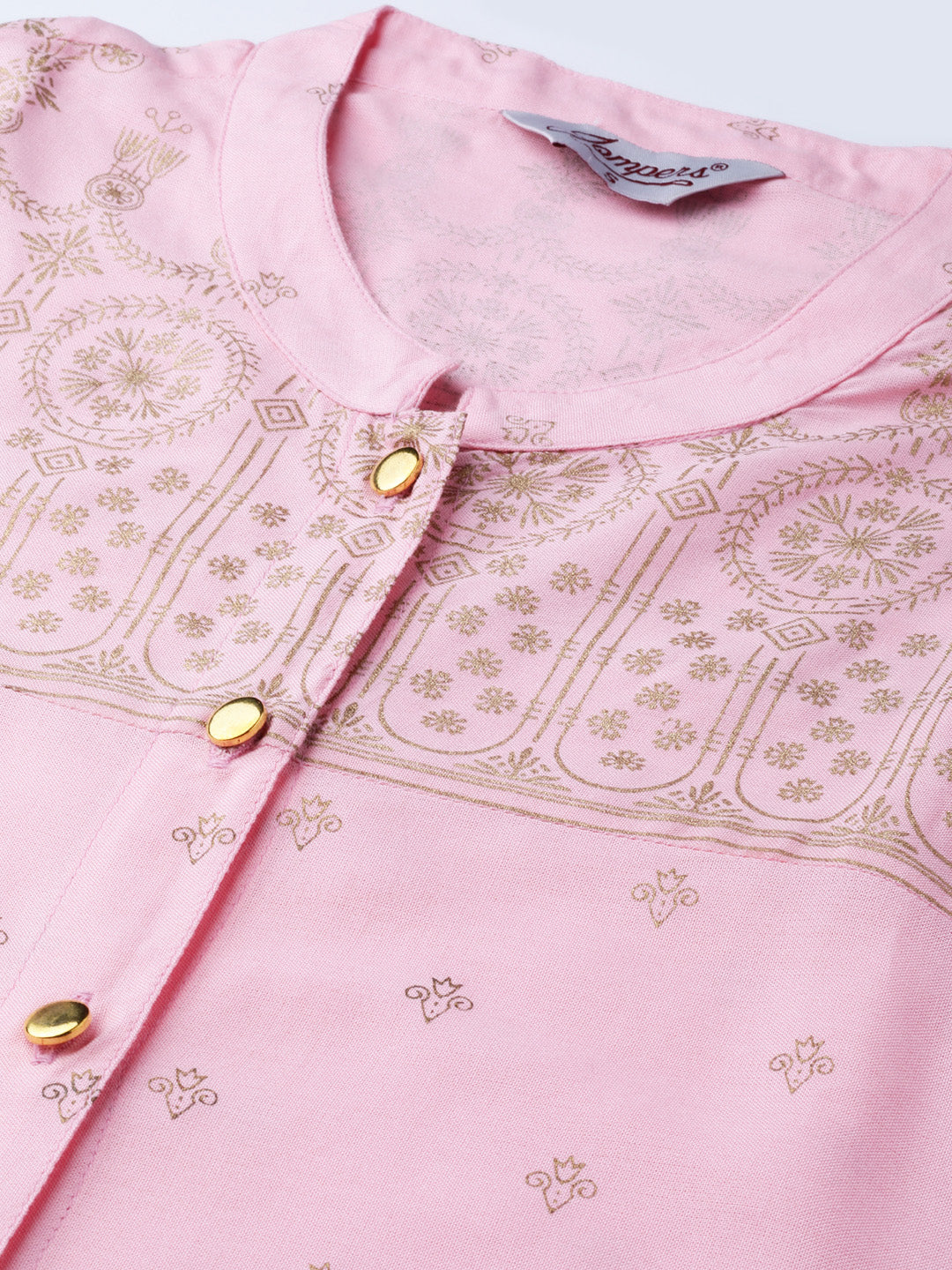 Women Pink & Gold-Toned Printed Straight Kurta