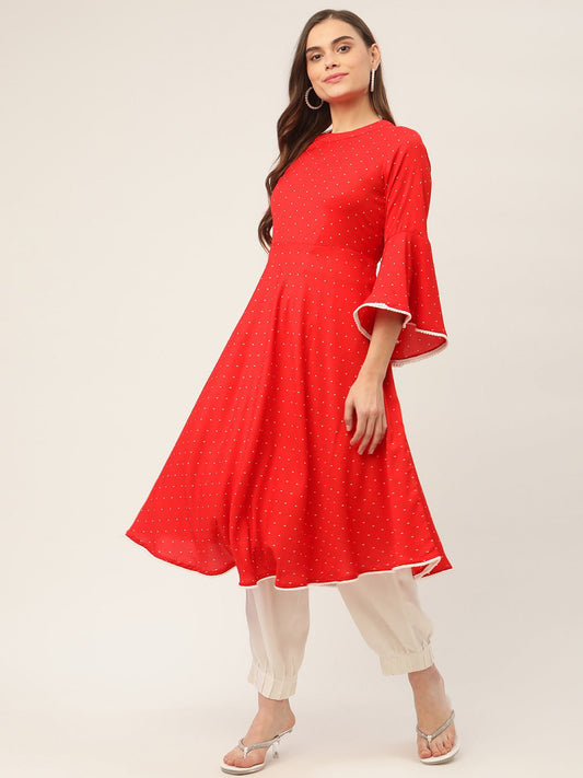 Jompers flared sleeves, pom-pom lace flared kurta ( JOK 1382 Red )