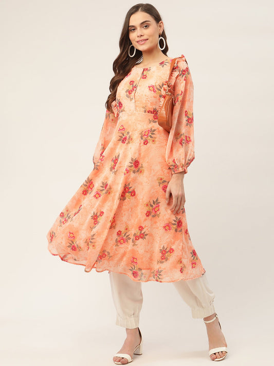 Women Orange Georgette Flared Printed kurta ( JOK 1421 Orange )