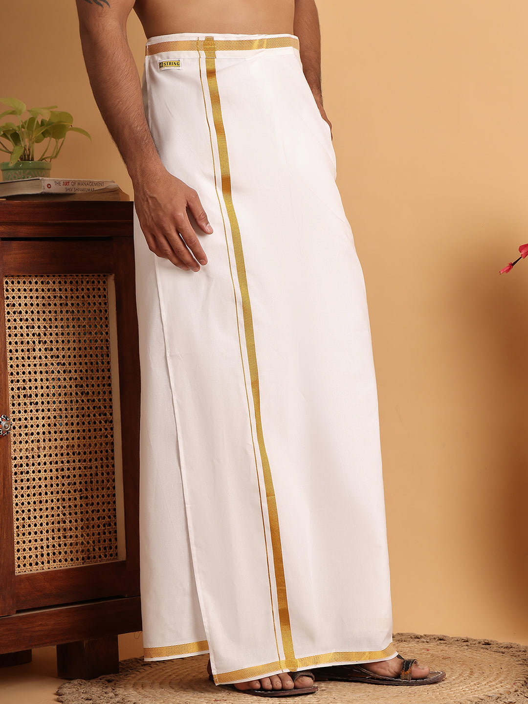 Readymade Dhoti with Golden Zari Border ( JOLD 010White )