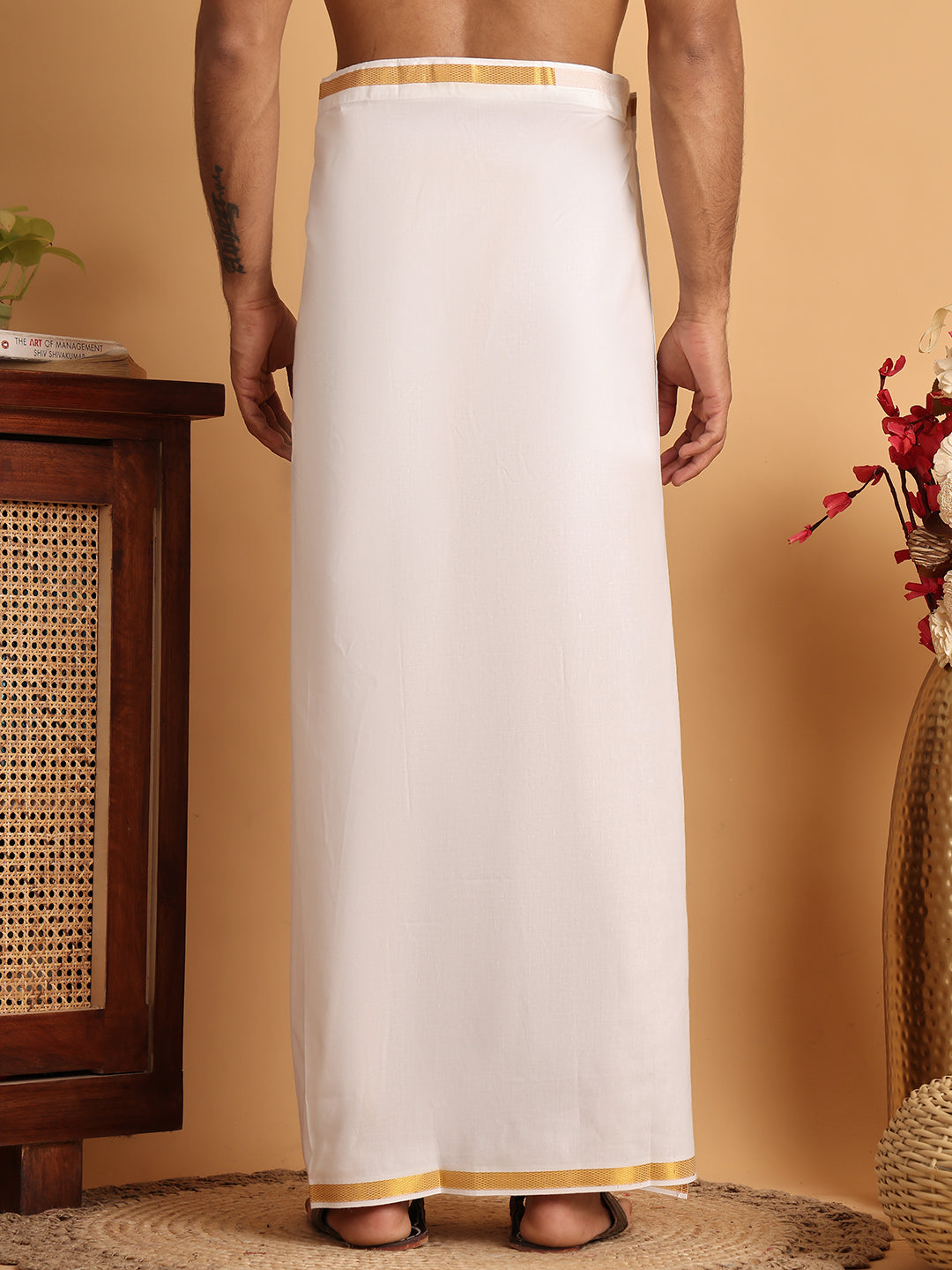 Readymade Pocket Dhoti with Golden Zari Border ( JOLD 009White )