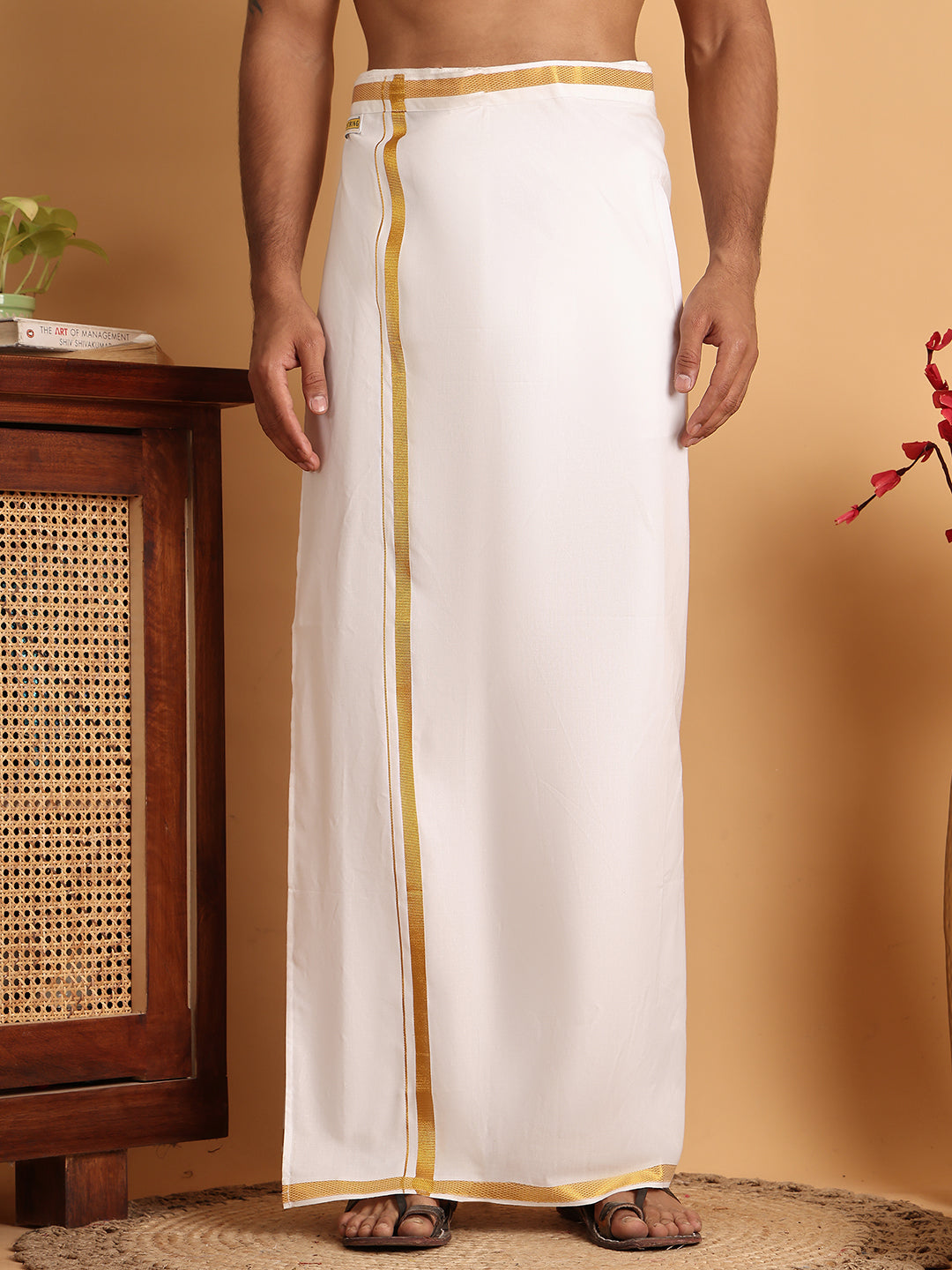 Readymade Dhoti with Golden Zari Border ( JOLD 010White )