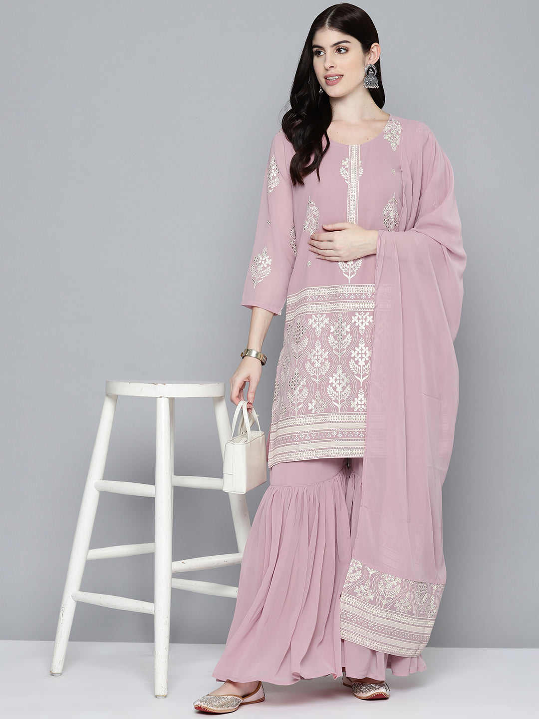 Women Pink & Silver Ethnic Motifs Foil Printed Straight Kurta Sharara Dupatta