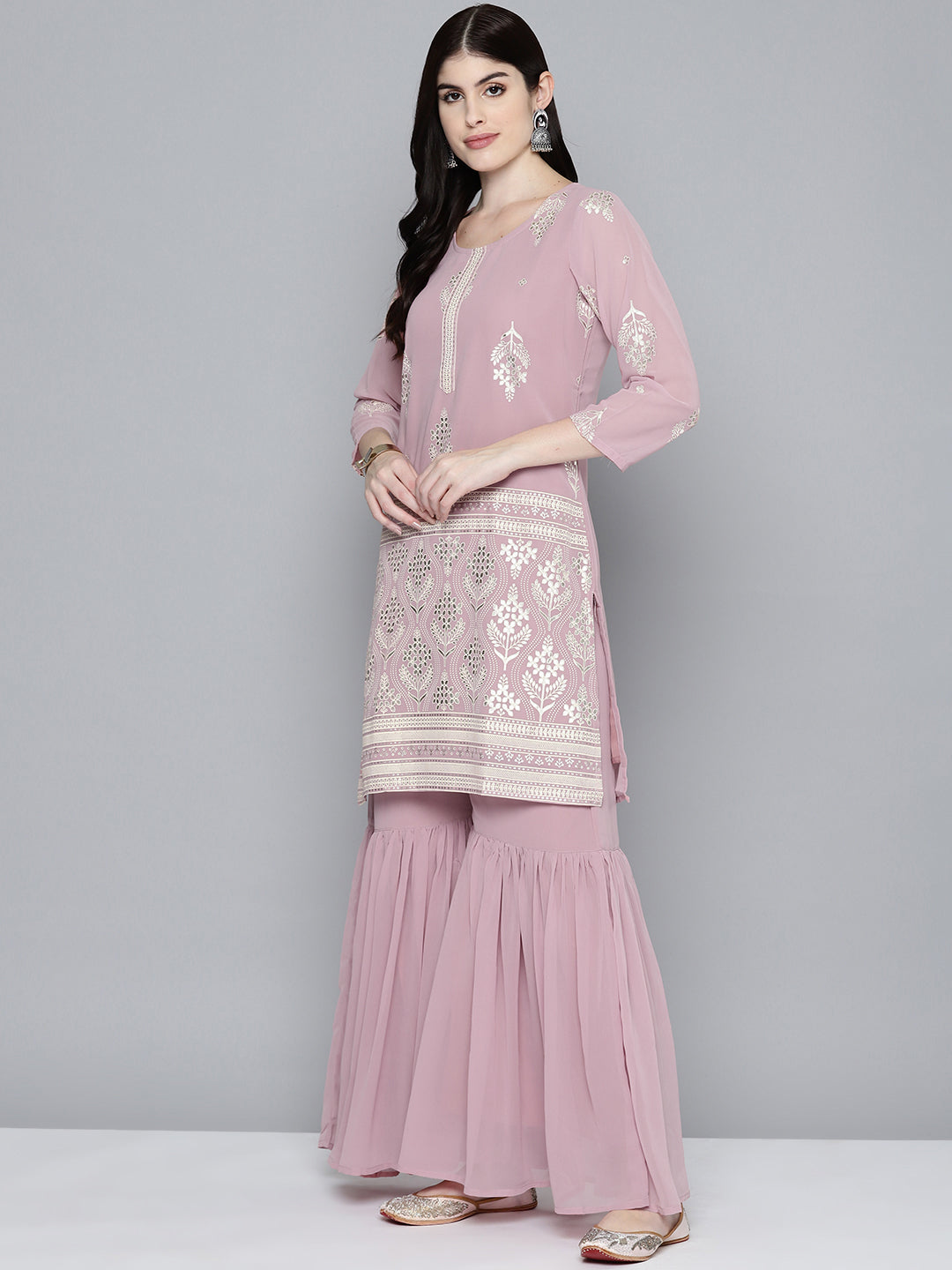 Women Pink & Silver Ethnic Motifs Foil Printed Straight Kurta Sharara Dupatta