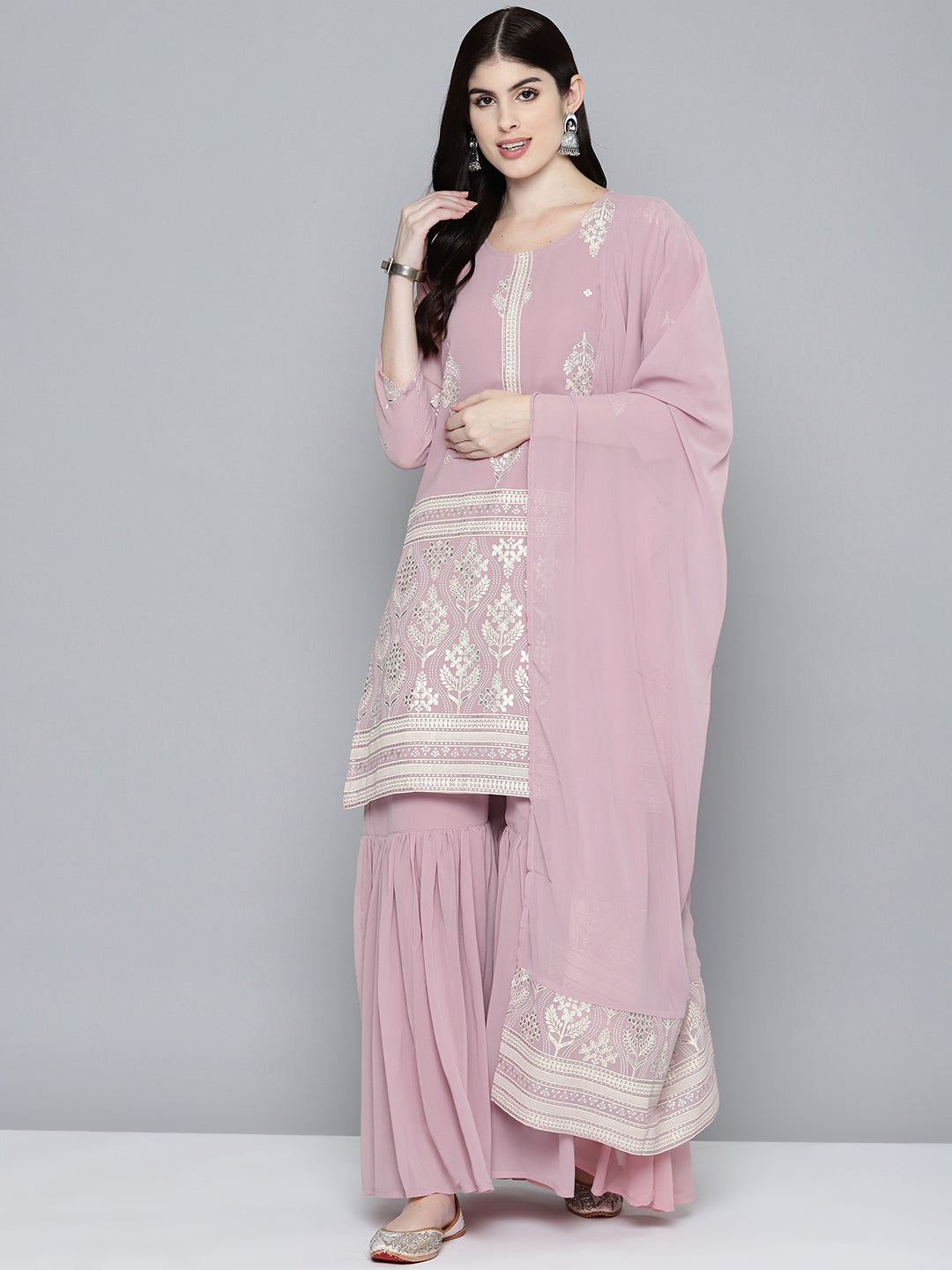 Women Pink & Silver Ethnic Motifs Foil Printed Straight Kurta Sharara Dupatta