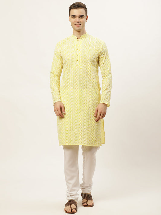 Jompers Men's Yellow Embroidered Kurta Payjama Sets ( JOKP 626Yellow )