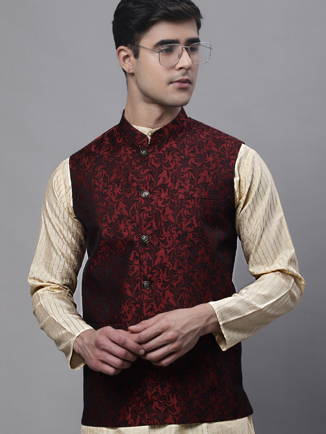 Jompers Men's Woven Jacquard Waistcoat ( JOWC 4004 Maroon )