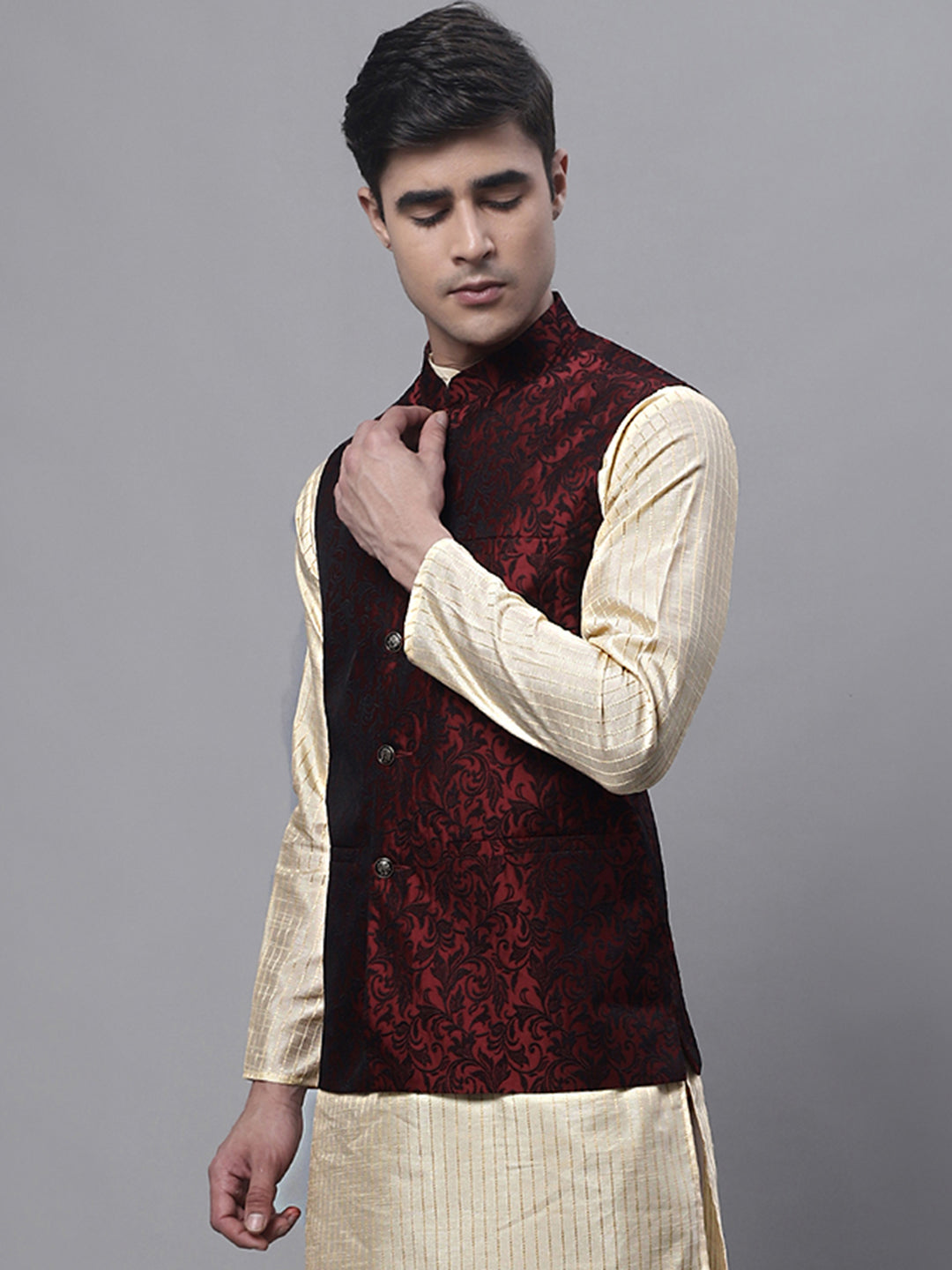 Jompers Men's Woven Jacquard Waistcoat ( JOWC 4004 Maroon )