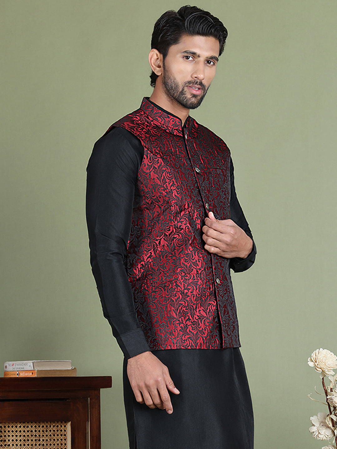 Woven Design Nehru Jacket For Men (JOWC 4004 Maroon )