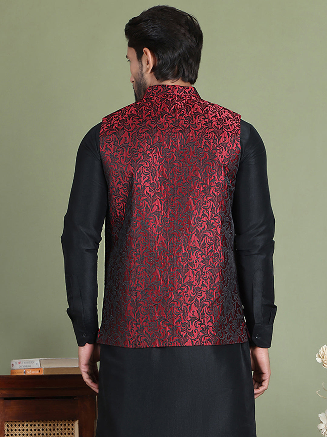 Woven Design Nehru Jacket For Men (JOWC 4004 Maroon )
