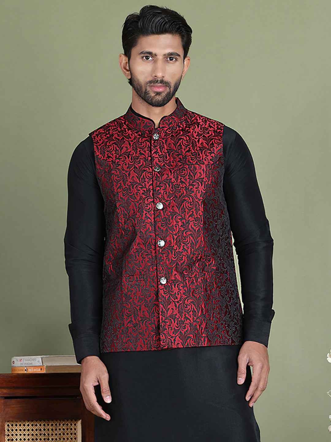Woven Design Nehru Jacket For Men (JOWC 4004 Maroon )