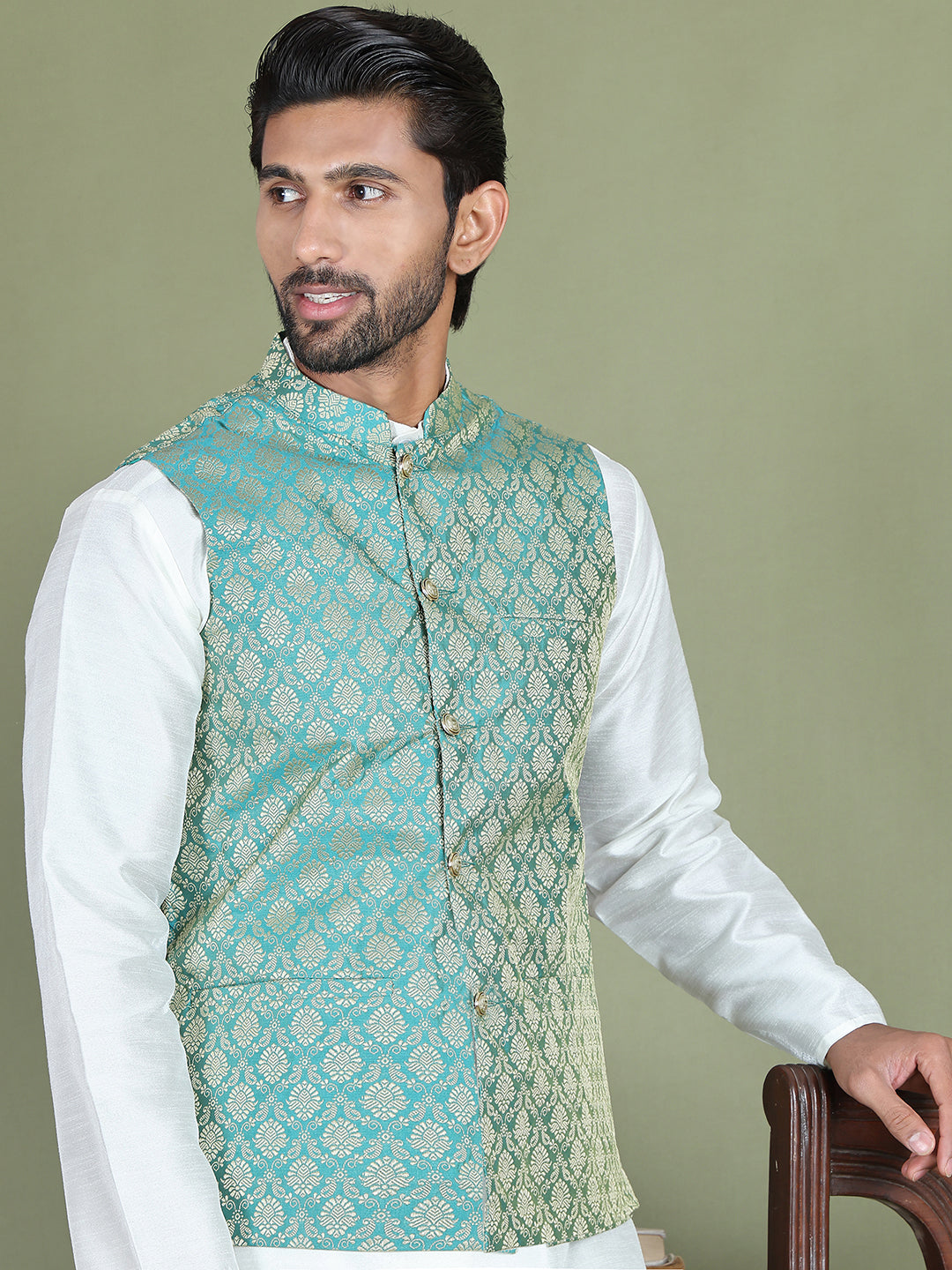 Woven Design Nehru Jacket For Men ( JOWC 4005Green )