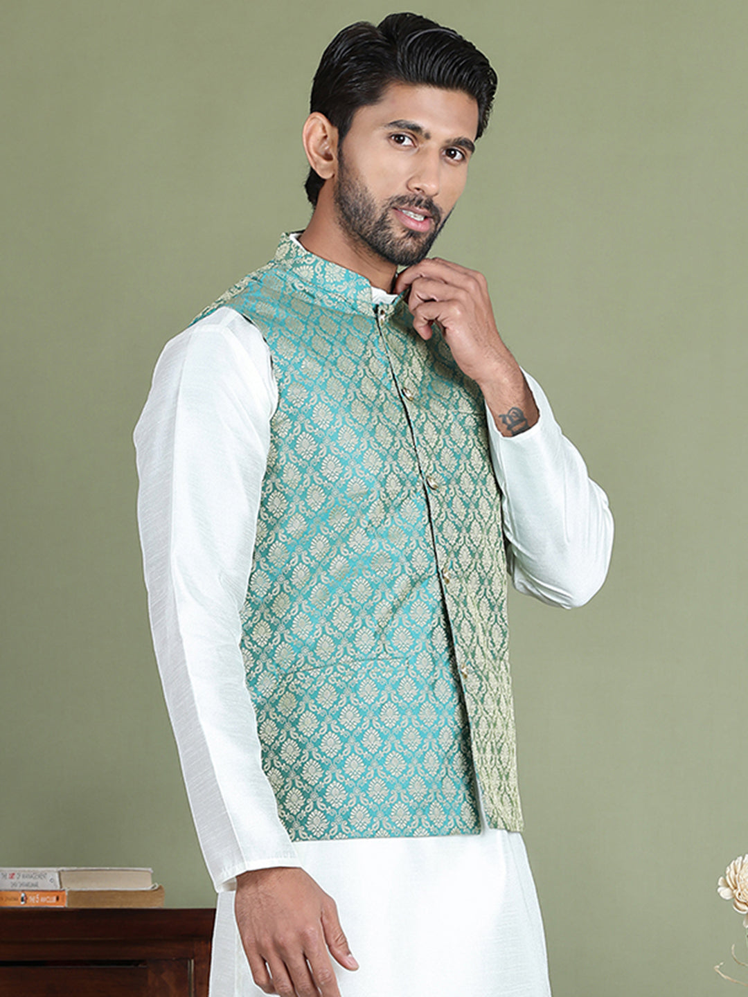 Woven Design Nehru Jacket For Men ( JOWC 4005Green )